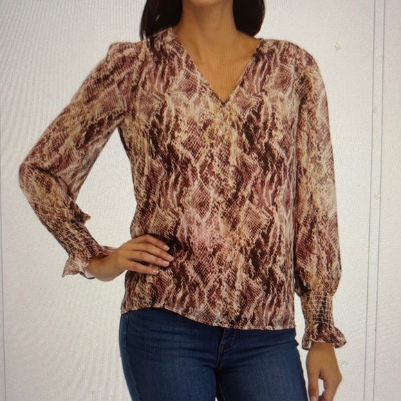 Anne Klein Tops - ❤️NWT Anne Klein Brown Snake Print V-Neck Blouse Smocked Sheer Sleeves